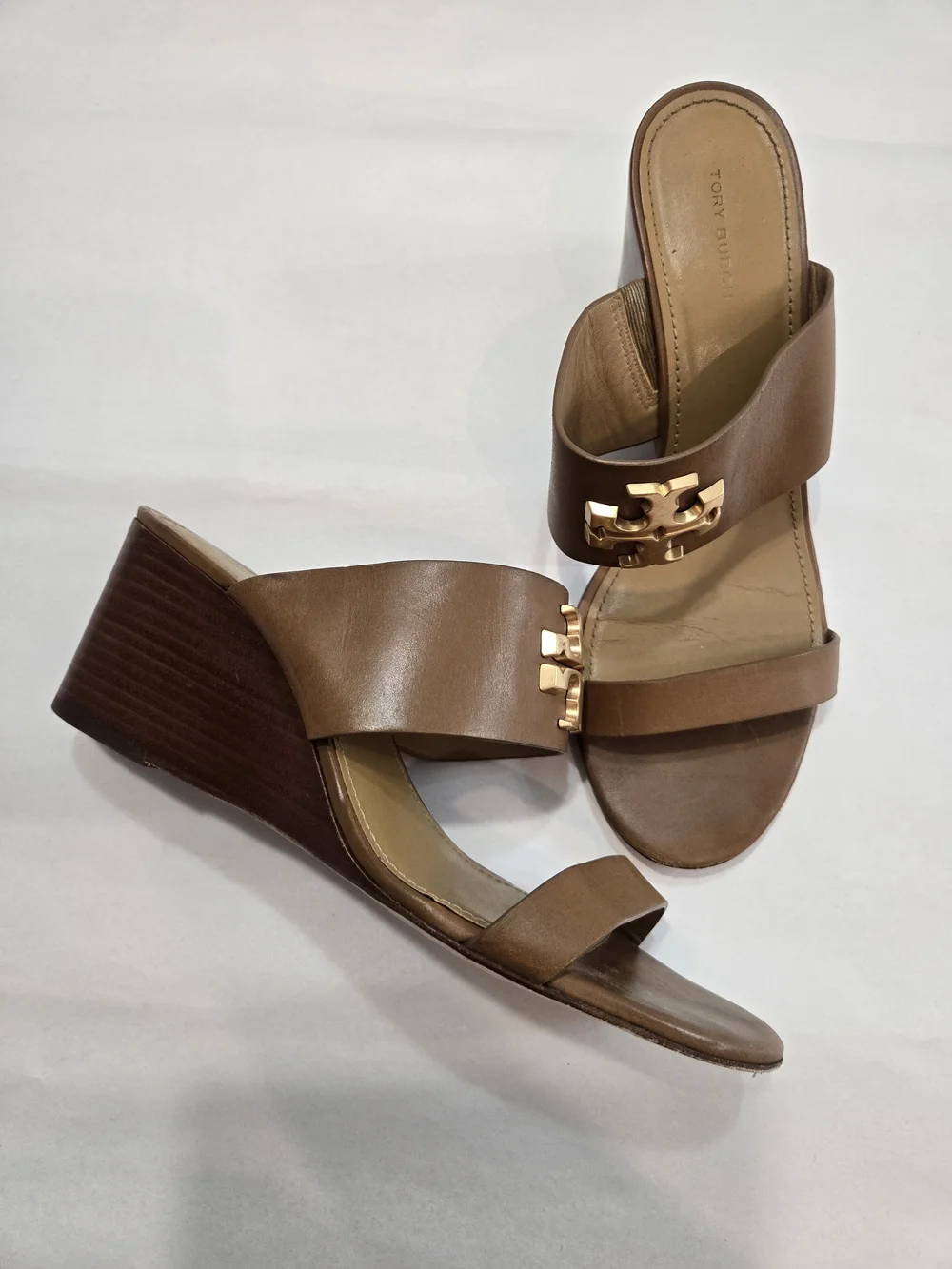 Tory Burch Everly Wedge Leather High Heel Brown Slide Sandals Sz 9 M Brown Gold